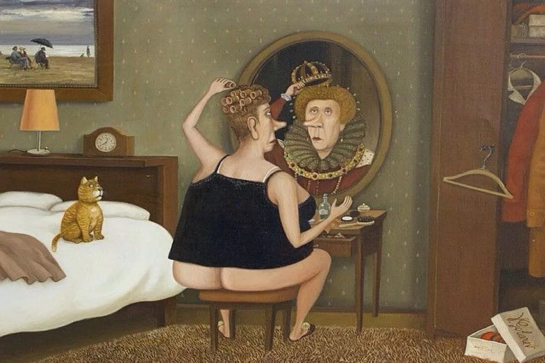 1100x733, 135 Kb / женщина, зеркало, отражение, кровать, кот, корона, бигуди, В. Губарев