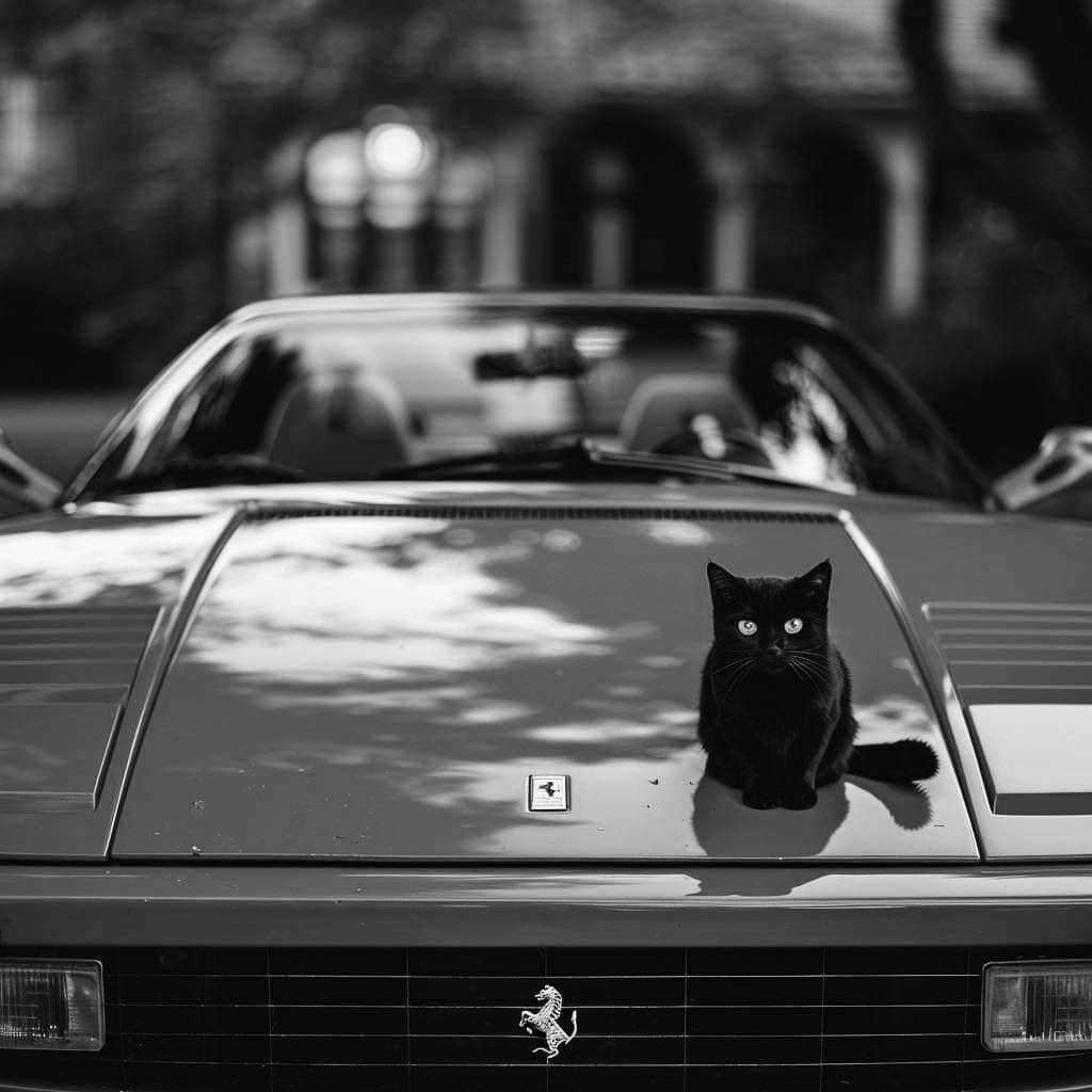 1024x1024, 72 Kb / Ferrari, кот, ч/б