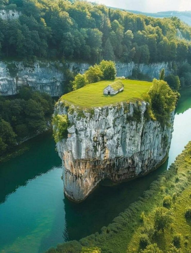 640x849, 121 Kb / река, остров, камень, скала, дом