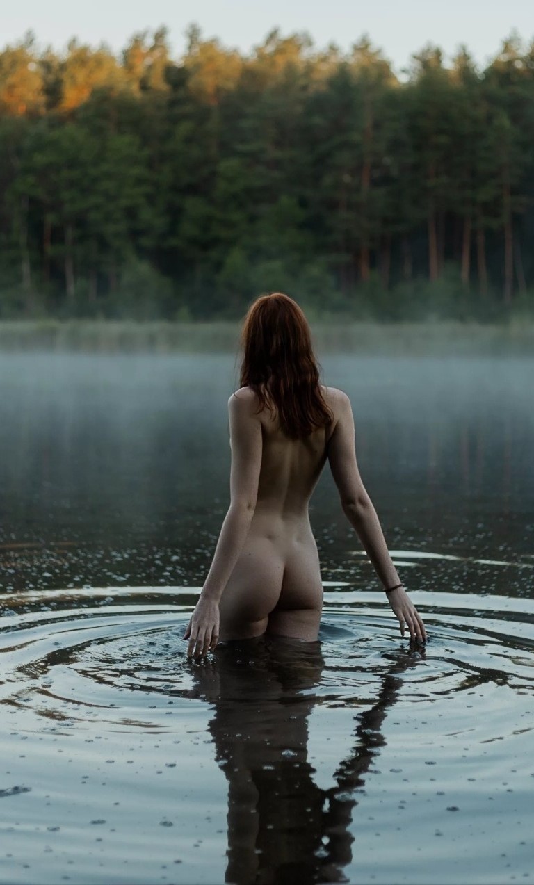 768x1273, 150 Kb / голая, попа, озеро, вода, сзади, лес, браслет, туман, река, ямочки