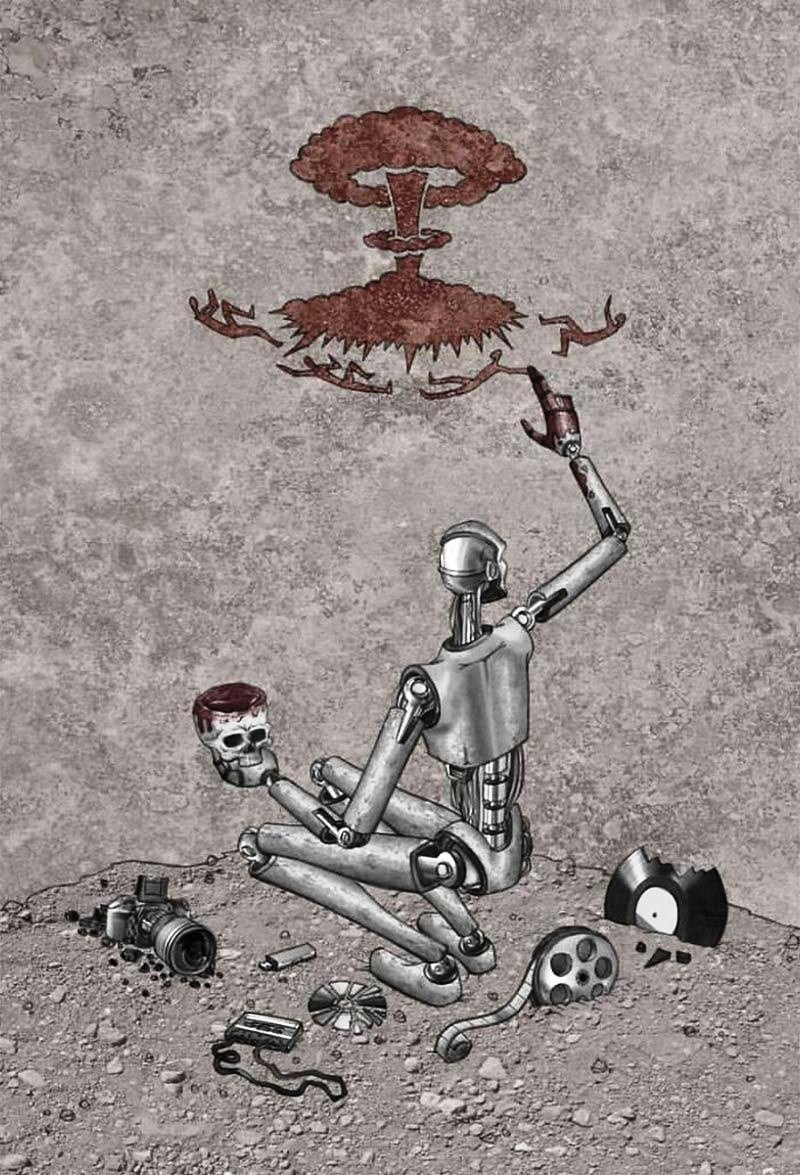 800x1175, 231 Kb / робот,рисует,череп,краска