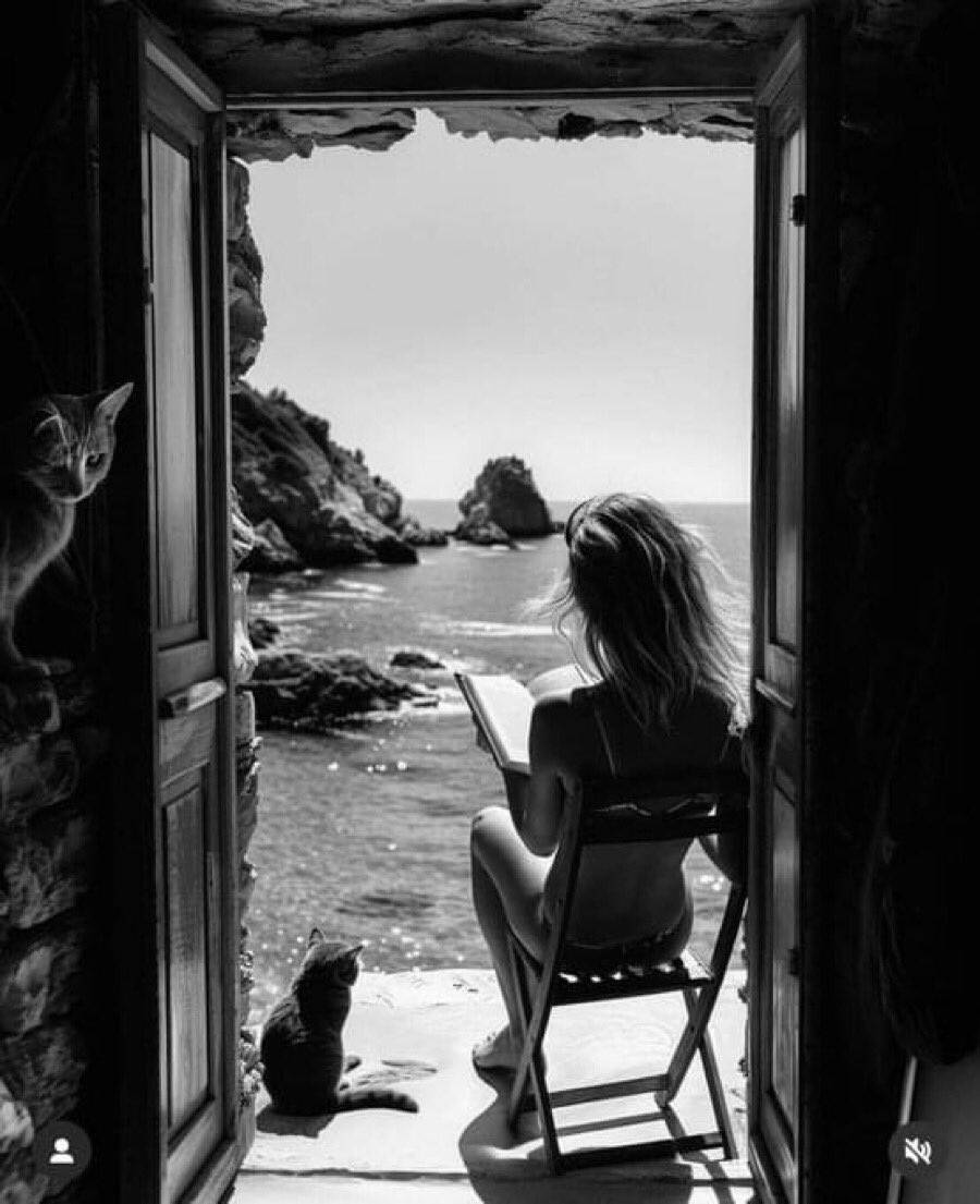 900x1105, 109 Kb / коты, AI, девушка, нога, стул, дверь, берег моря, ч/б