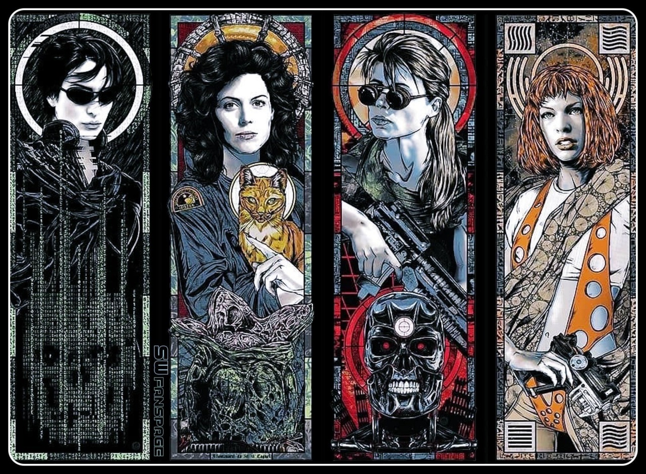 1280x940, 505 Kb / триптих, квадриптих, матрица, чужой, терминатор, пятый элемент, Тринити, Эллен Рипли, Сара Коннор, Лилу