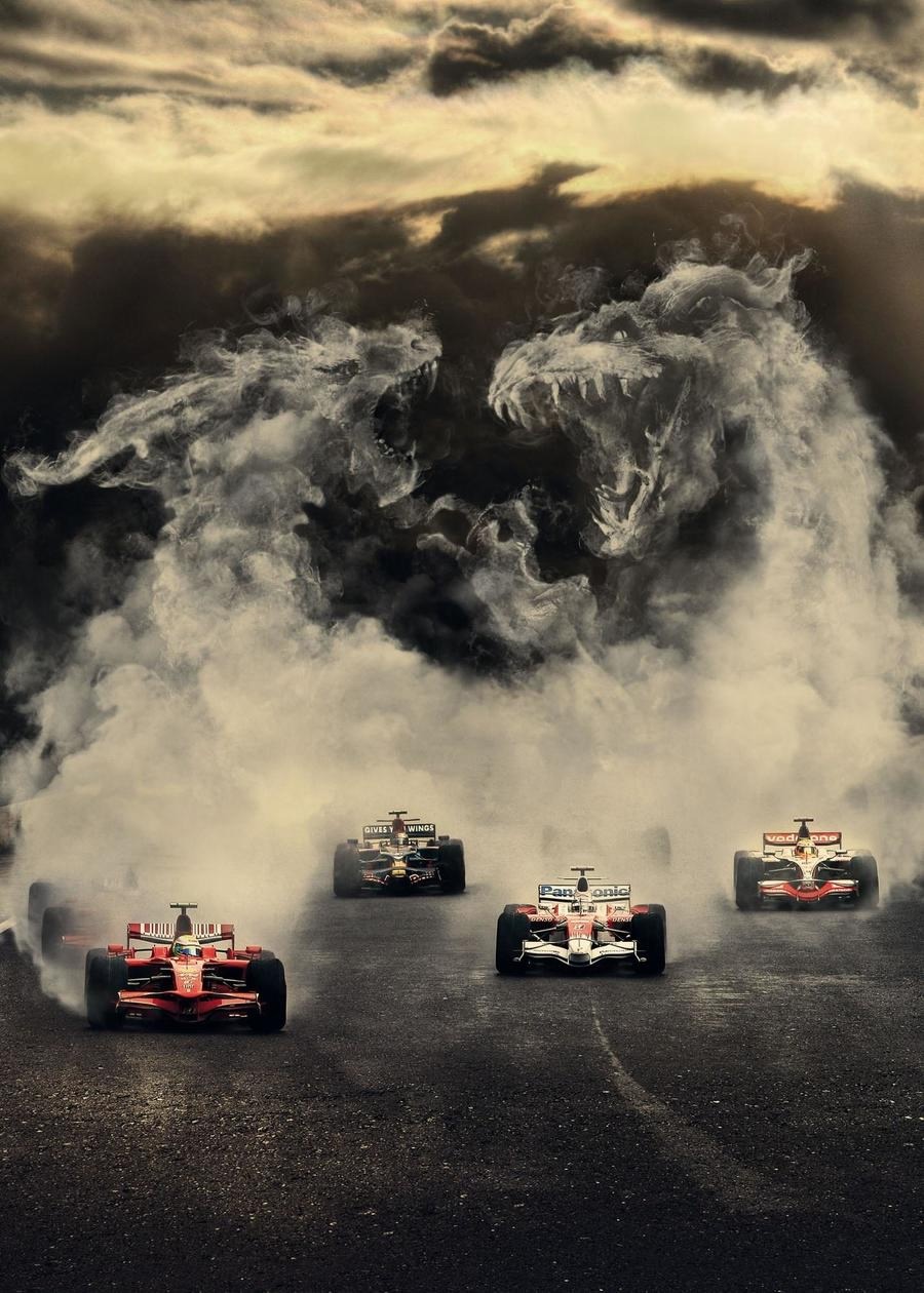 900x1260, 230 Kb / Формула 1, Formula One, автомобили, драконы, дым