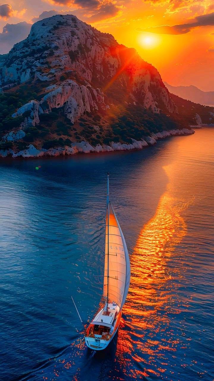 720x1280, 177 Kb / яхта, парус, закат, горы, скалы, небо, облака, солнце