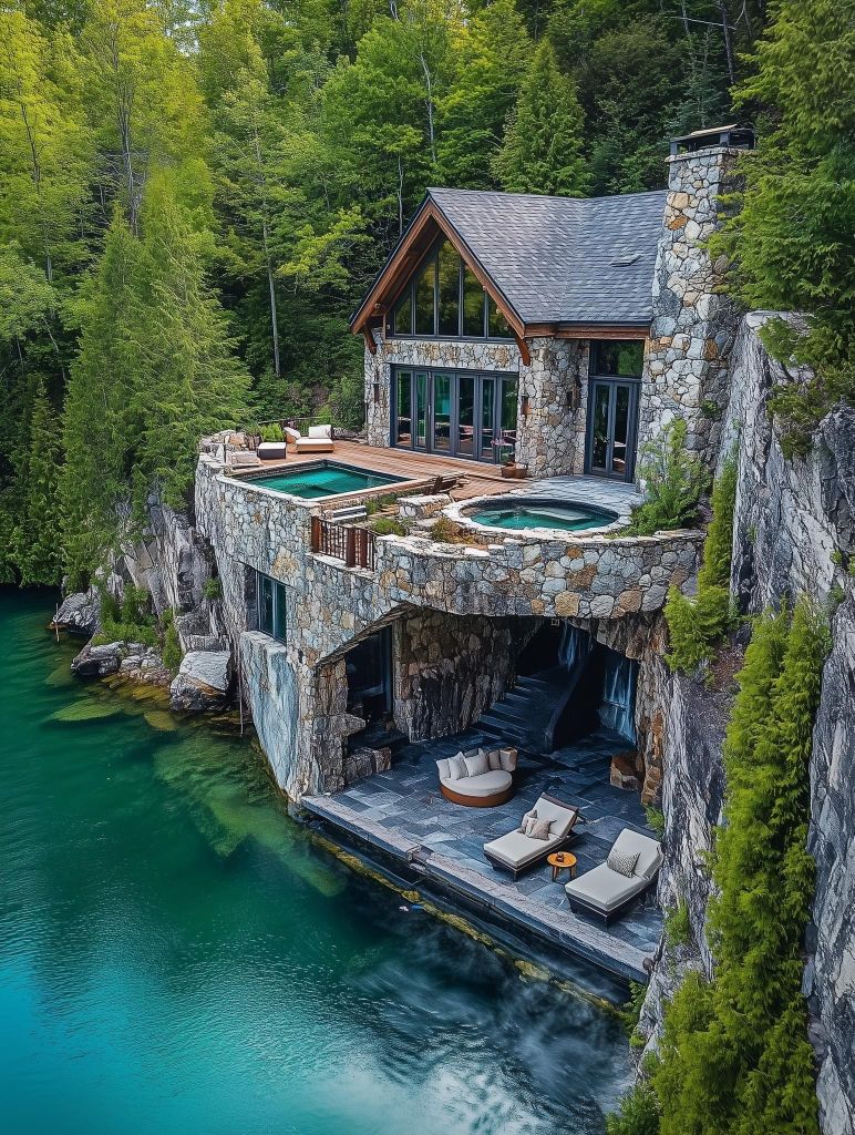 772x1024, 279 Kb / Дом, лес, озеро, терраса, бассейн, домик в деревне, диван, лежак, стол, шезлонг