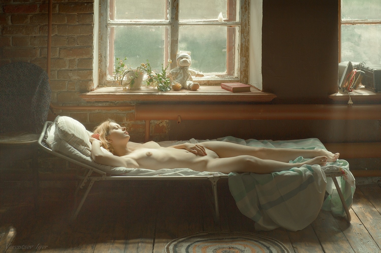 1500x999, 302 Kb / блондинка, голая, лежит, раскладушка, окно, кирпич, труба, книга, утюг