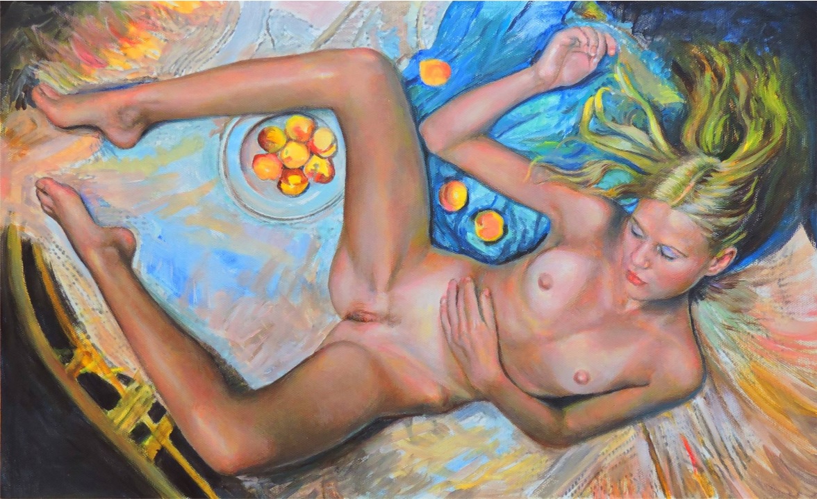 1176x718, 308 Kb / живопись, Спящая Психея, тарелка , персики, Алексей Линьков