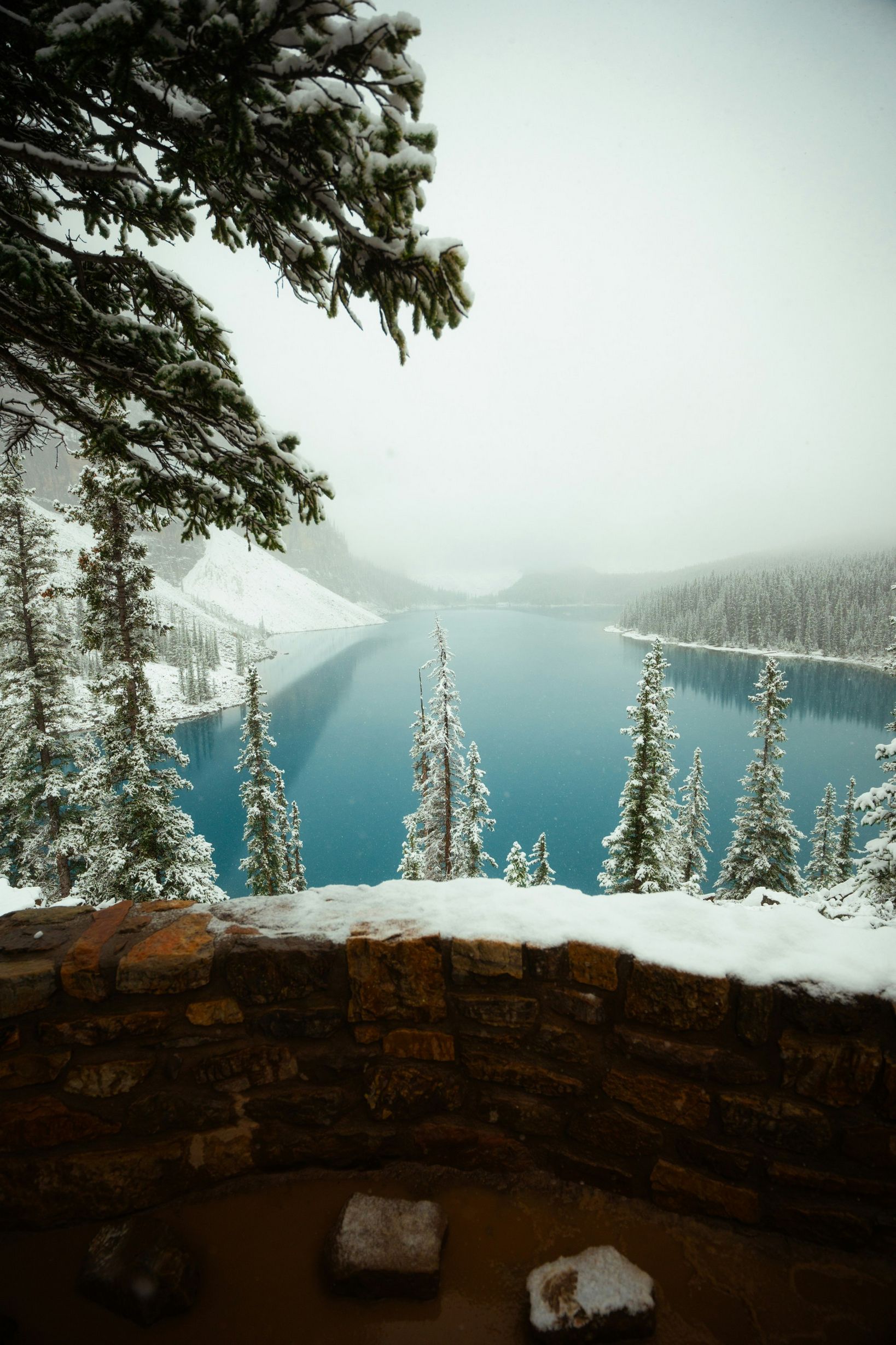 1638x2457, 494 Kb / озеро, горы, лес, снег, ель, елка, сосна, дерево, пейзаж