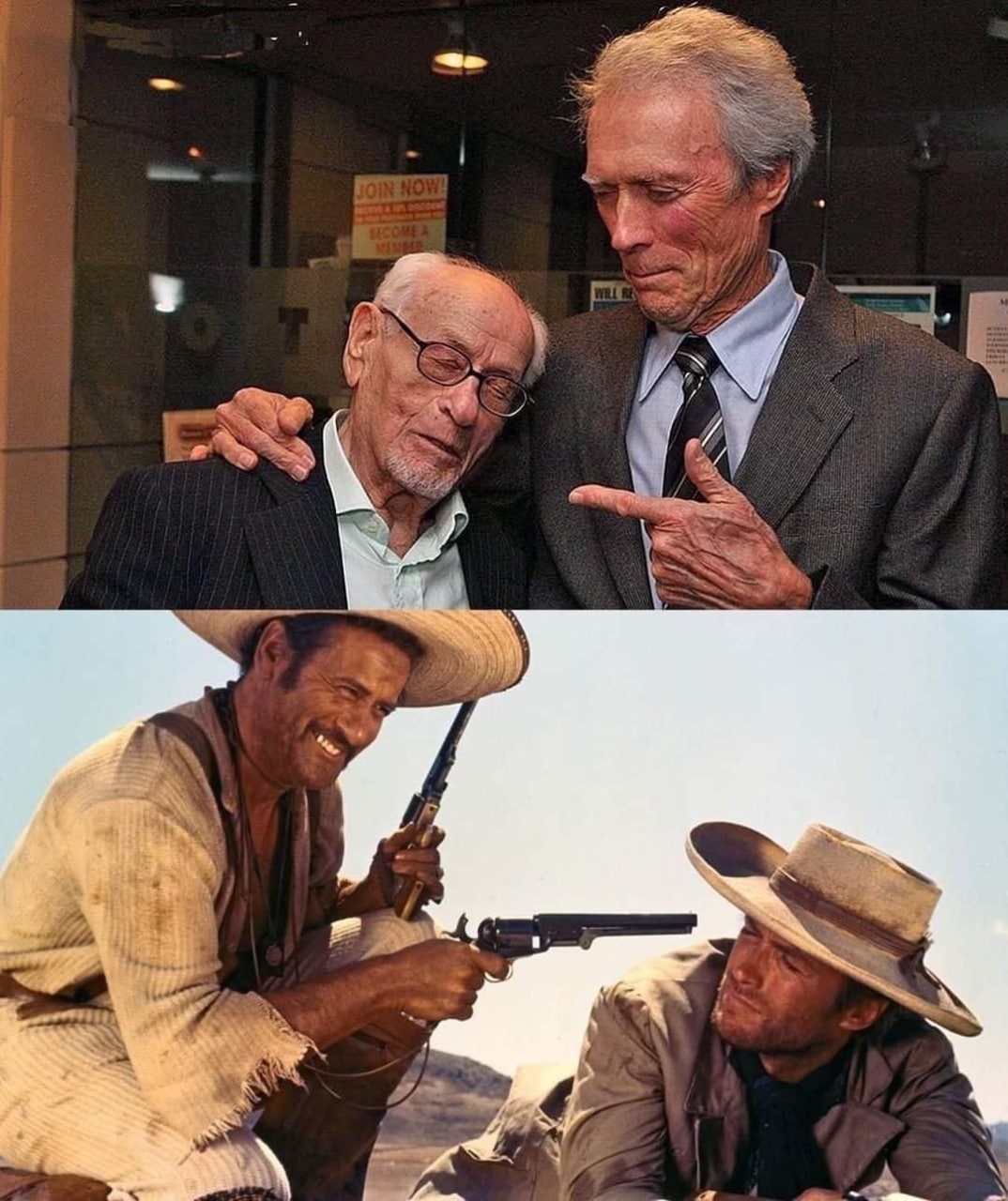 1074x1280, 205 Kb / Клинт Иствуд, Илай Уоллак, шляпа, пиджак, галстук, блондинчик, злой плохой хороший, вестерн, пистолет, револьвер