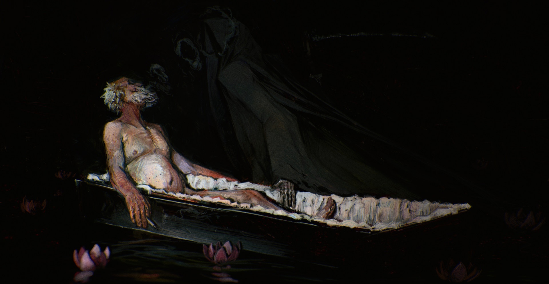 1920x994, 285 Kb / гроб, старец, смерть, сигарета, дым