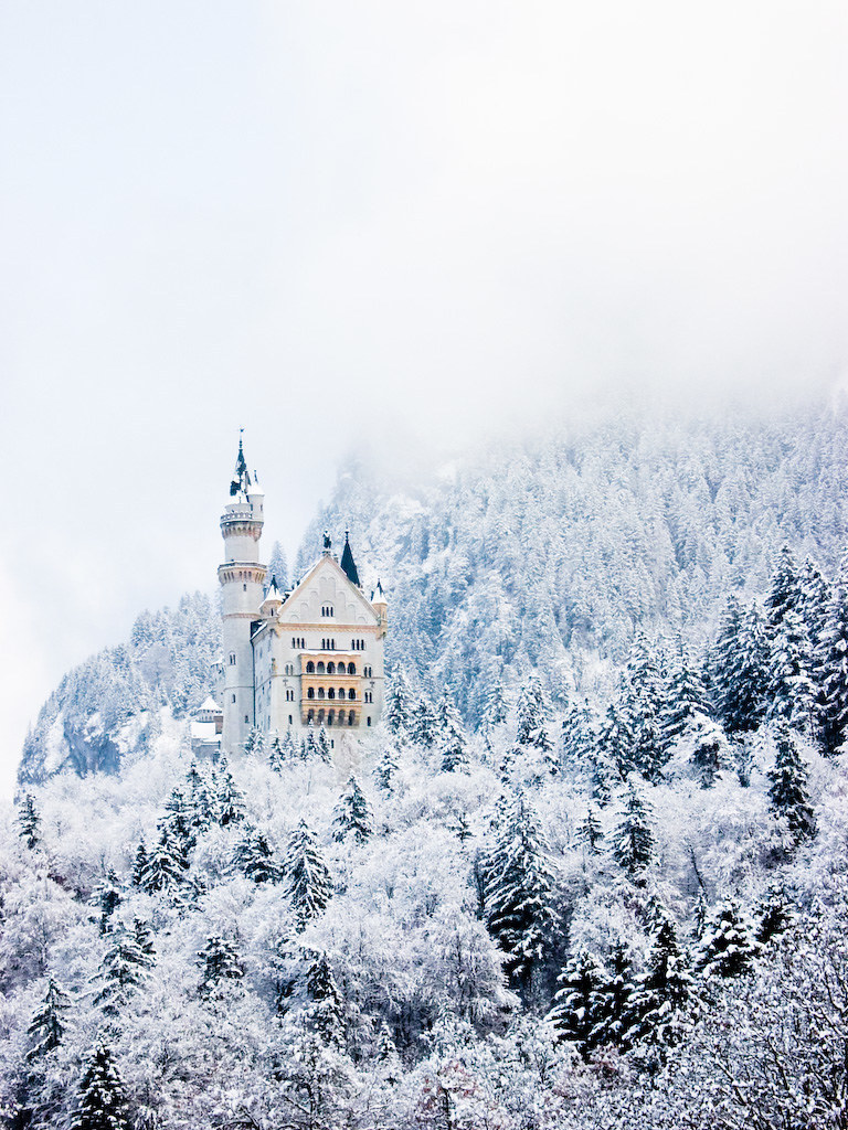 768x1024, 320 Kb / Замок, Нойшванштайн, снег, башня, горы лес