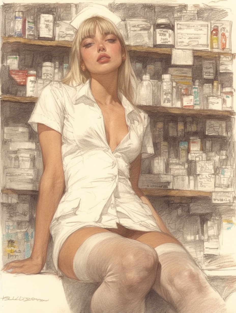 928x1232, 228 Kb / медестра, рисунок, фармацевт, провизор, аптека, полки, лекарства