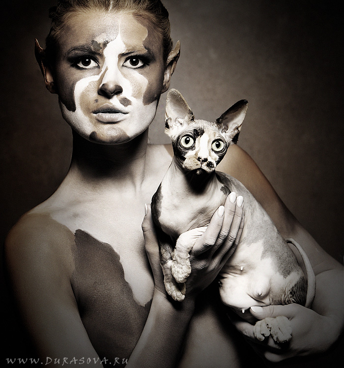 700x748, 182 Kb / кошка, краски, сепия, бодиарт