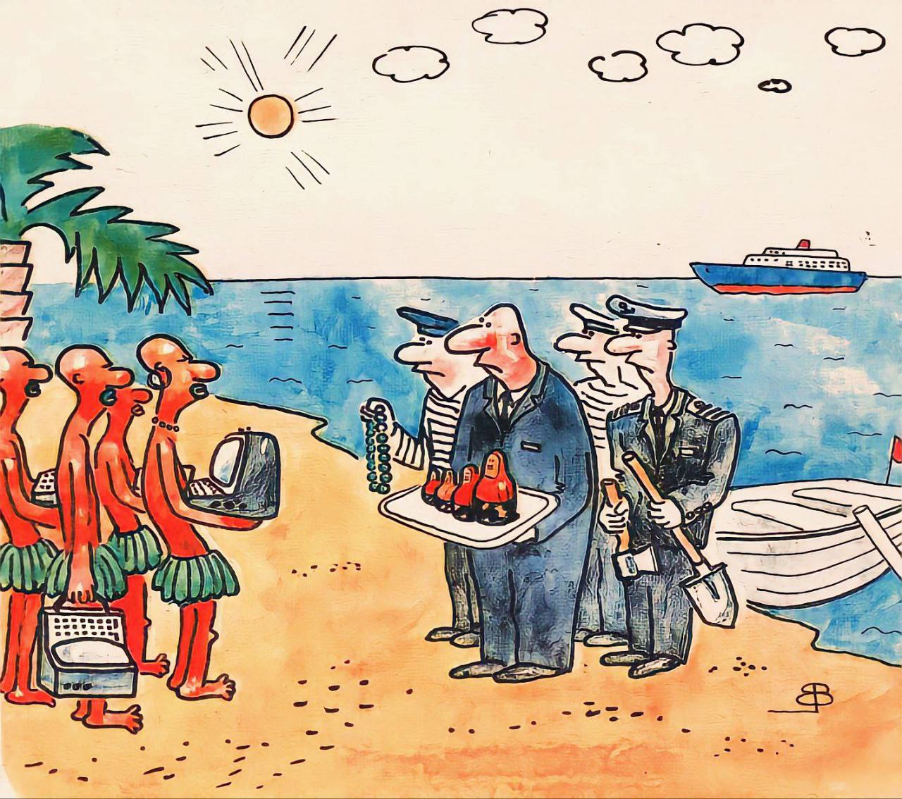 1280x1134, 212 Kb / Папуасы, аборигены, бусы, матрёшки, обмен, лопата, топор, шлюпка