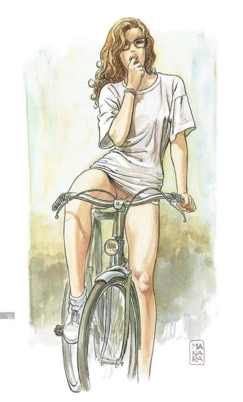 946x1566, 142 Kb / Milo Manara, велосипед, без трусов, платье, очки, кроссовки, рисунок