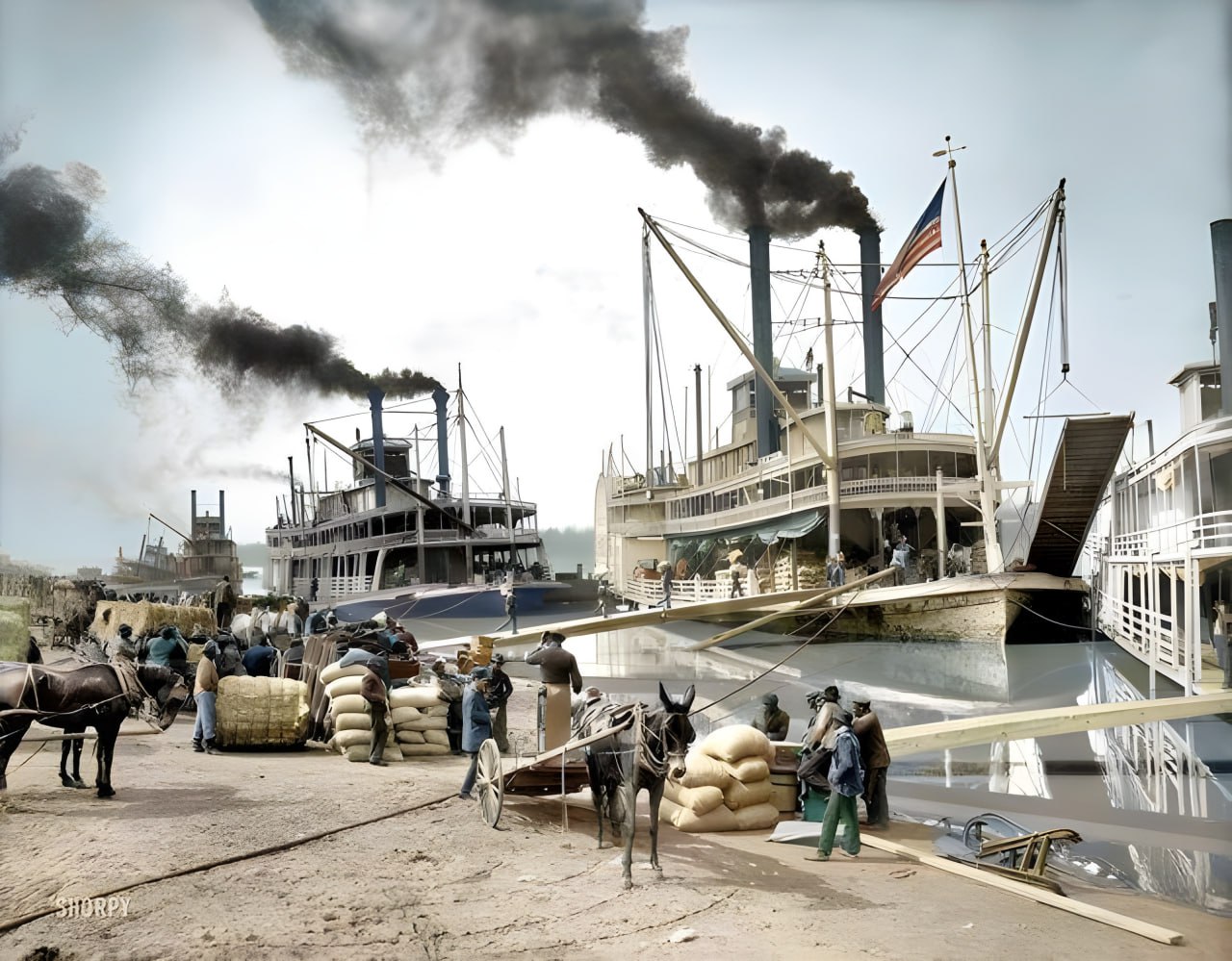 1280x999, 242 Kb / Пароход, река, Миссисипи, телега, мешок, США