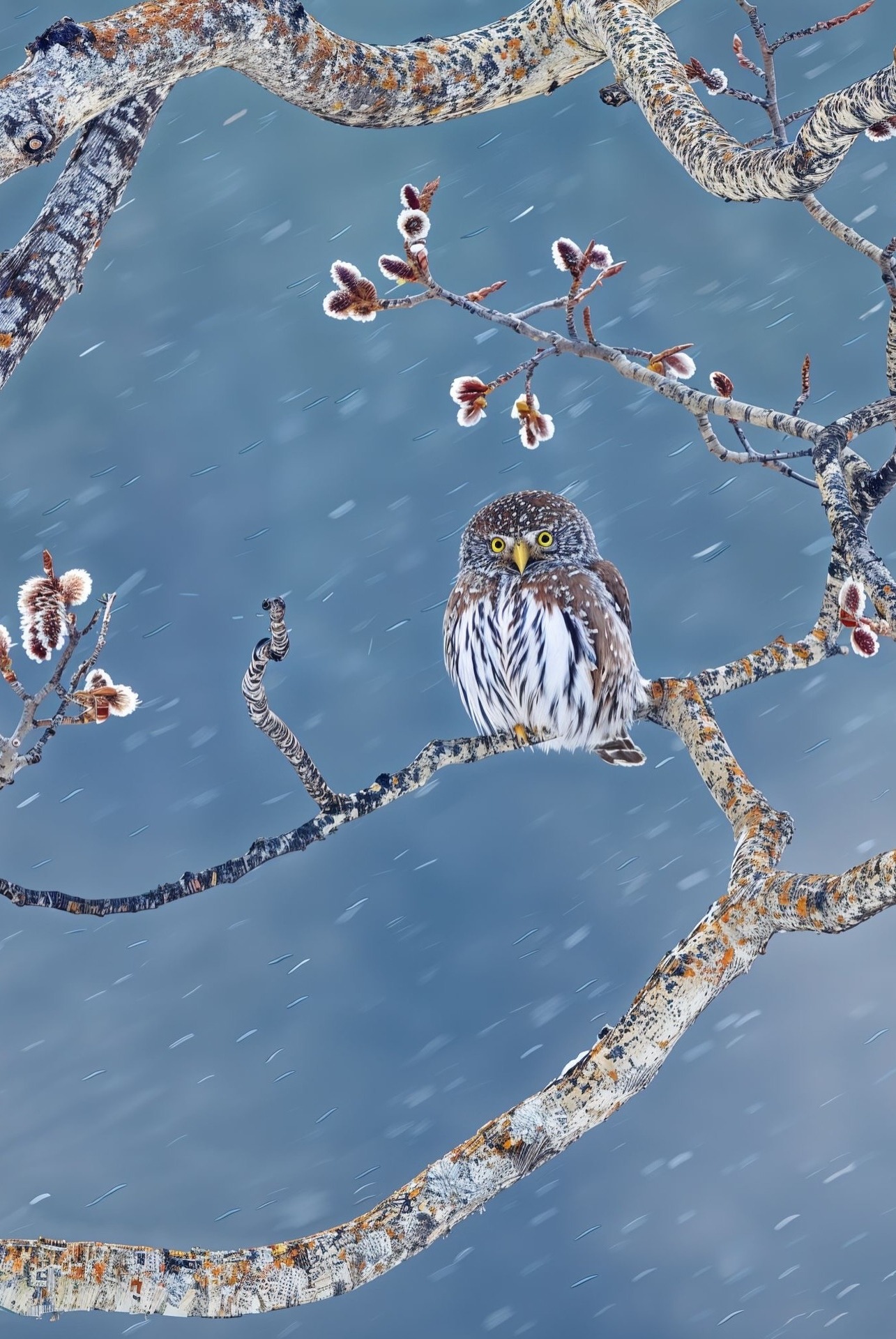 1285x1920, 525 Kb / сова, снег, ветка, верба