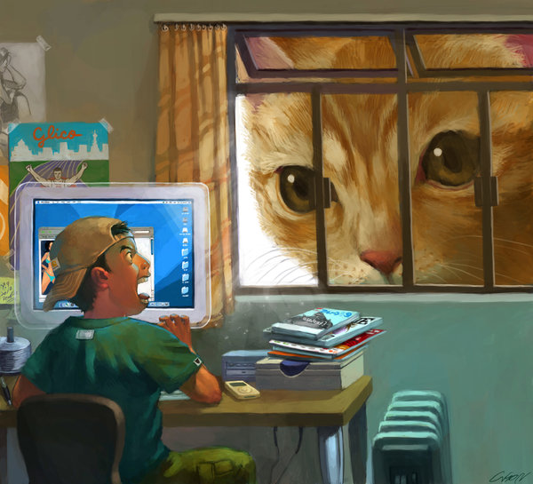 600x545, 78 Kb / рисунок, кот, окно, компьютер