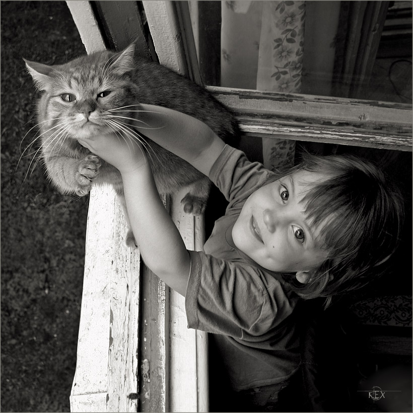 820x820, 173 Kb / кот, ребенок, окно, ч/б