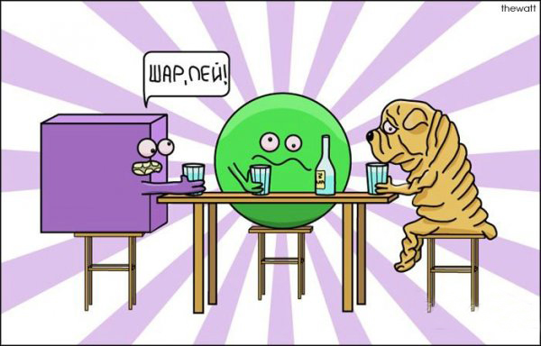 600x384, 146 Kb / шарпей, застолье, шар, водка, стаканы, куб