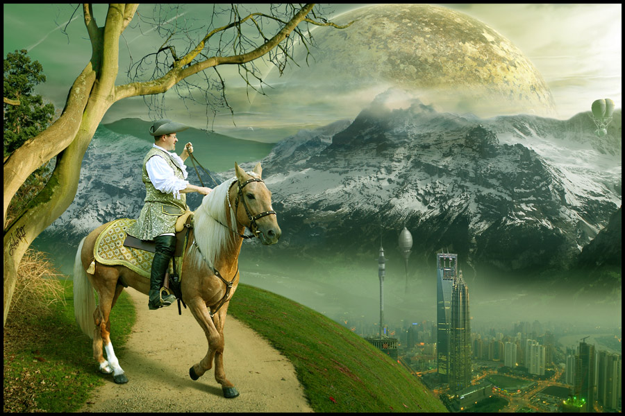 900x600, 194 Kb / фэнтези, всадник, мегаполис, пейзаж