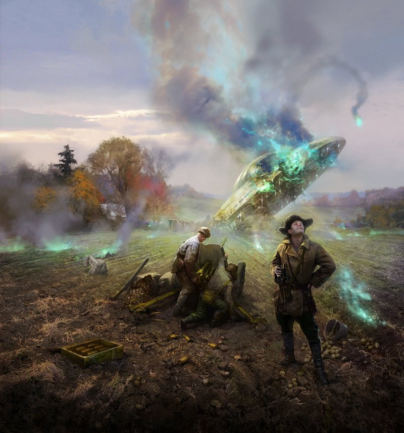 800x857, 139 Kb / летающая тарелка, пушка, мужики, стрельба