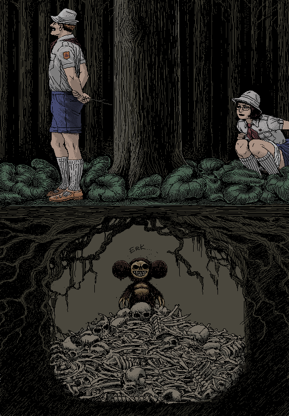 582x836, 73 Kb / чебурашка, кости, черепа, яма, корни, лес, дерево, скауты, туалет