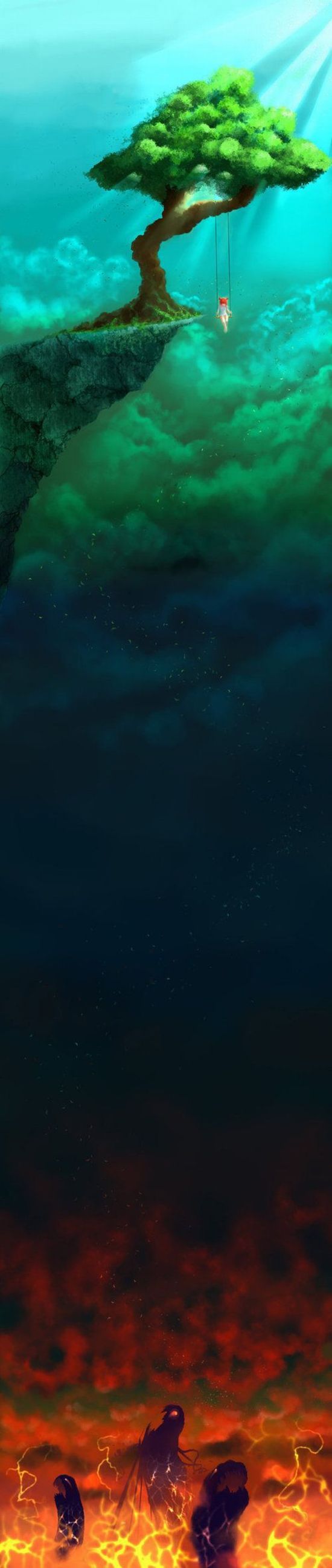 550x2591, 104 Kb / рай, ад, девочка, дерево, обрыв