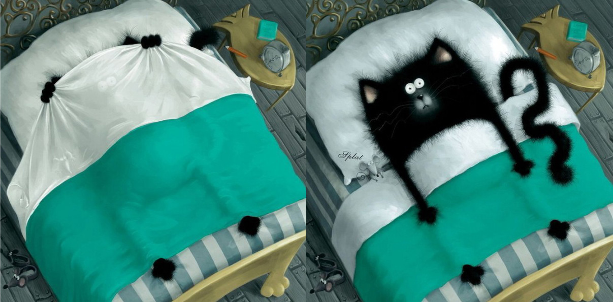 1207x595, 220 Kb / постель, кот, рыба,будильник