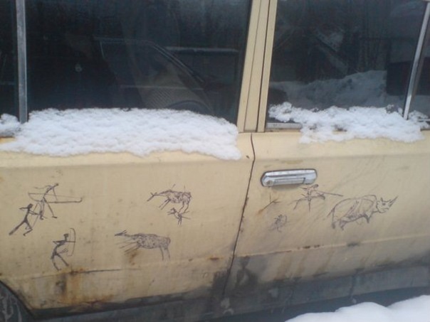 604x453, 51 Kb / жигули, копейка, наскальная живопись, рисунки, снег