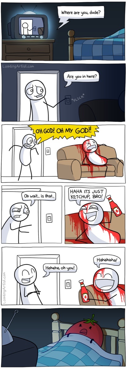 414x1200, 149 Kb / кровь, кетчуп, помидор, комикс, дебил, страх, диван, смех, английский