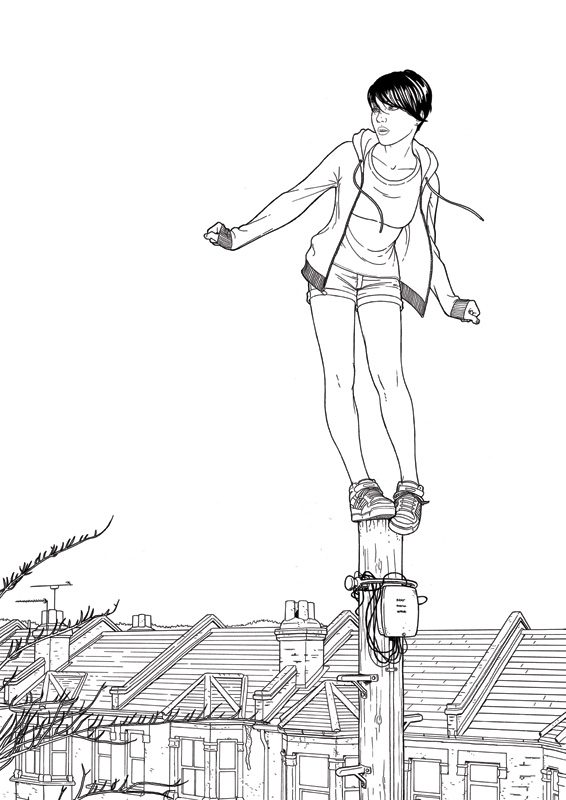 566x800, 100 Kb / рисунок, ч/б, девушка, столб, крыши