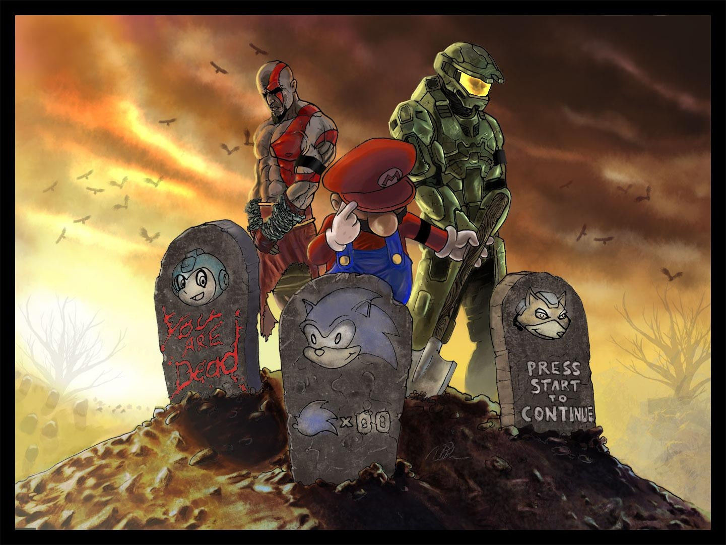1441x1081, 253 Kb / марио, дум, могила, конец, halo, mario, RIP, sonic, god of war