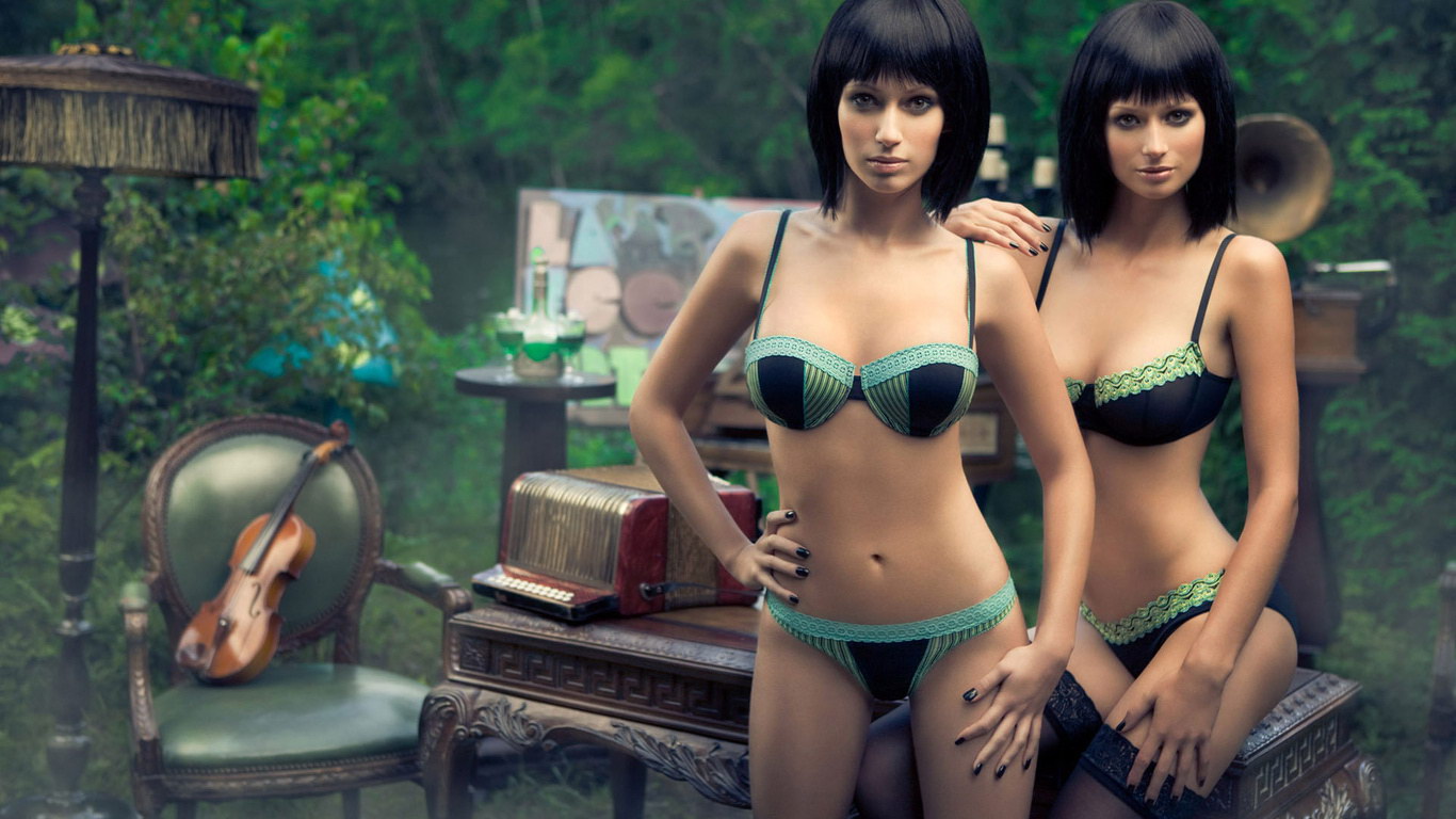 1366x768, 191 Kb / брюнетки, девушки, скрипка, гармошка