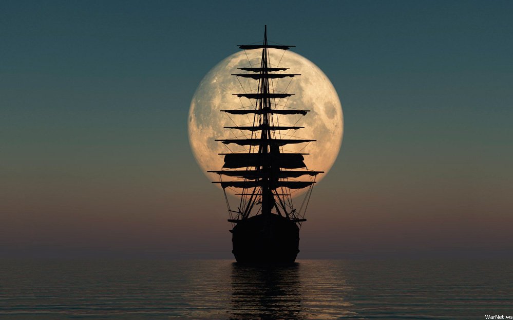 999x624, 58 Kb / вода,корабль,луна, парусник