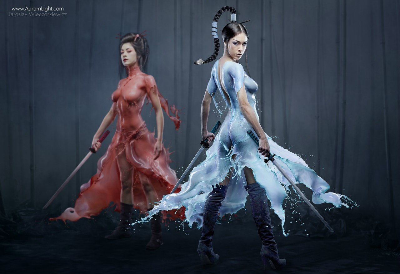 1280x878, 133 Kb / сиськи, молоко, синее, красное, япония, меч, воин