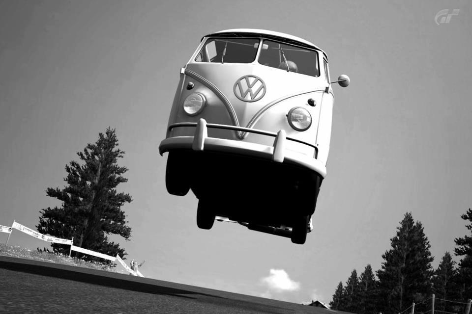960x640, 49 Kb / фольксваген, т1, прыжок, машина, ч/б