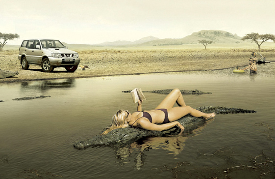 561x364, 107 Kb / девушка, речка, книга, крокодил, джип