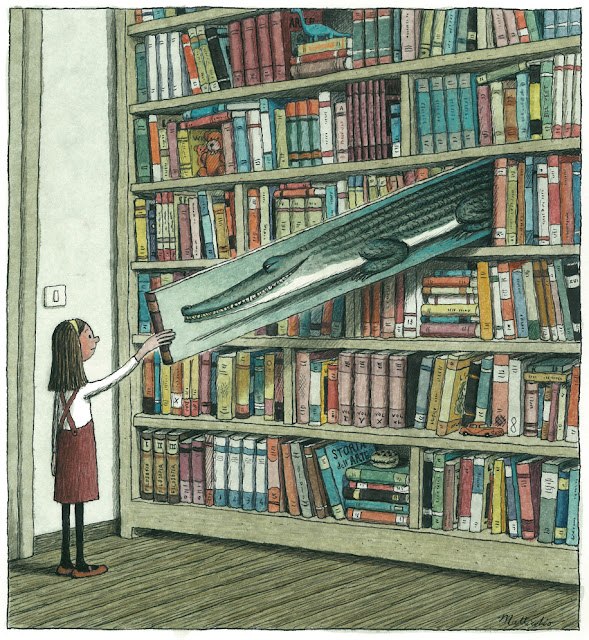 589x640, 151 Kb / девочка, полка, книги, крокодил