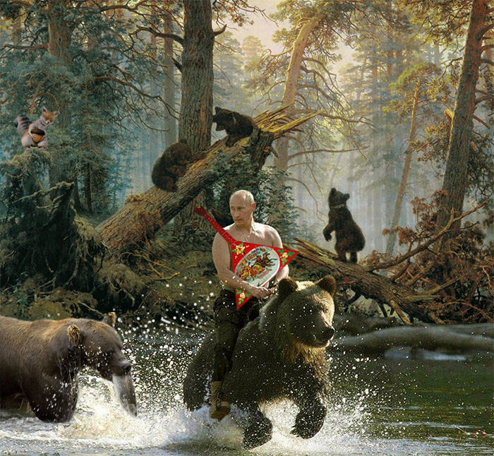 700x646, 184 Kb / медведи, путин, рыба, лес, река, верхом, орех, лиса, балалайка