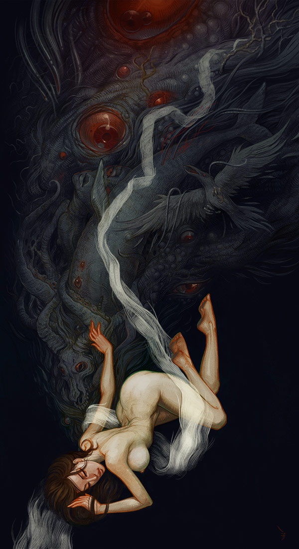 600x1100, 133 Kb / глаза, рыбы, сиська, темнота, женщина, рыба, платок, череп, козёл, ворон