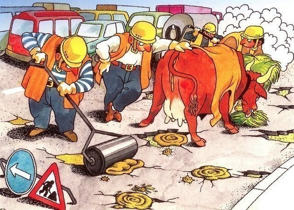 604x432, 107 Kb / корова, асфальт, ремонт