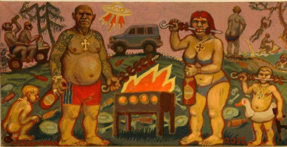 960x491, 92 Kb / пикник, мужик, баба, ребенок, мангал, шашлык, шампур, джип, нло