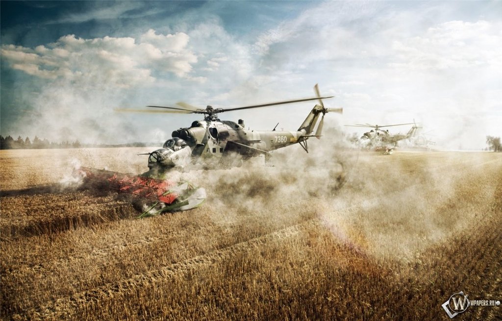 1024x655, 150 Kb / вертолёт, комбайн, поле, фотожаба