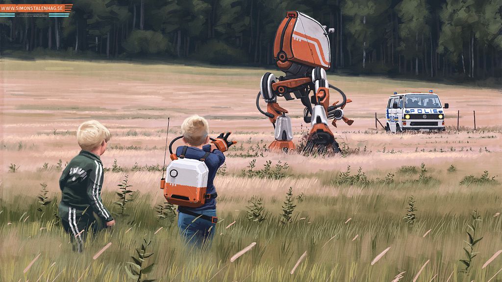 1024x576, 126 Kb / Simon Stalenhag, робот, поле, дети, ребенок, мальчик, мальчишки, полиция, фургон, машина, манипулятор, манипуляция, управление, Simon Stalenhag