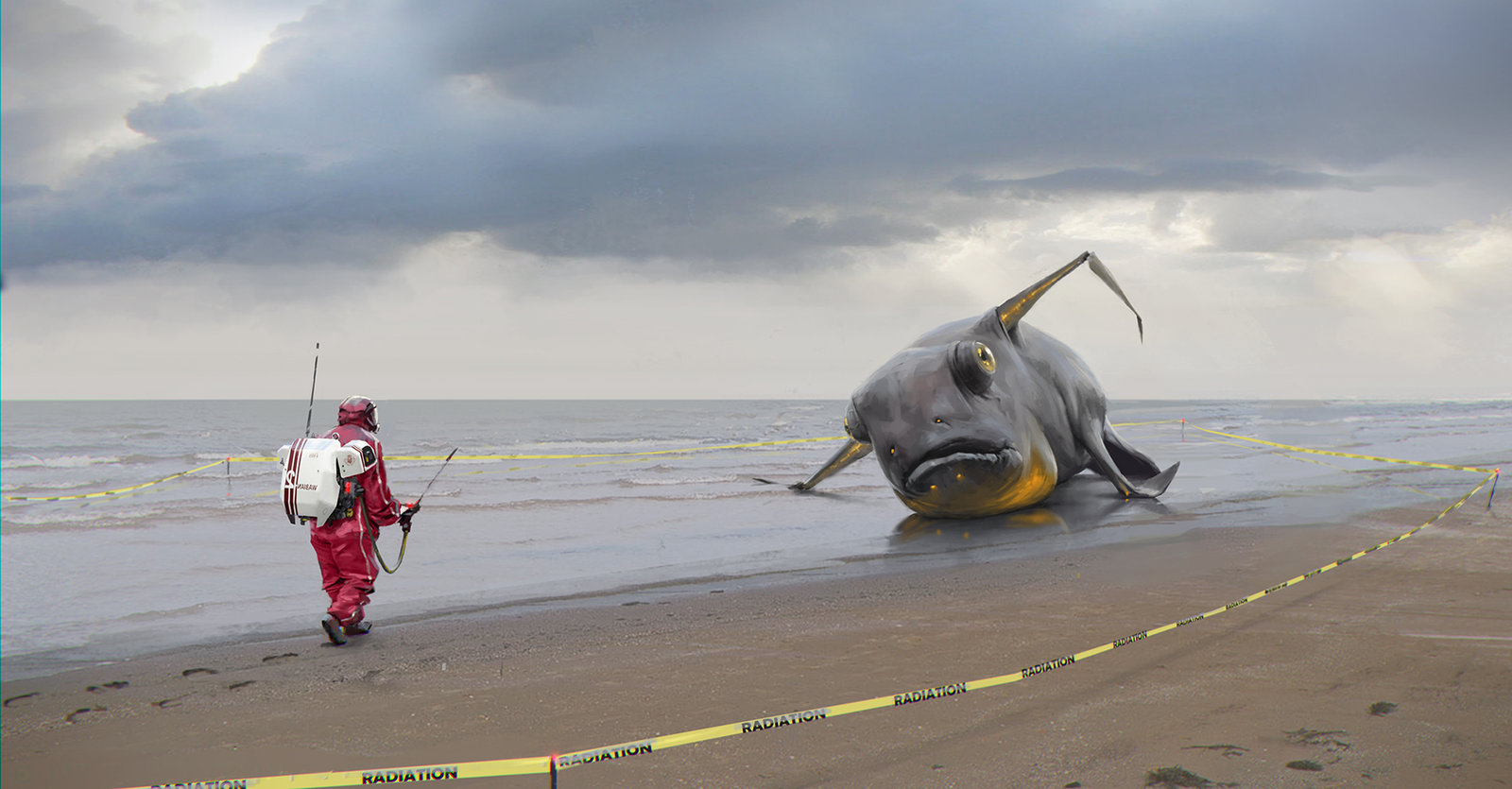 1600x835, 192 Kb / рыба, самолёт, радиация, костюм, дозиметр, море, песок