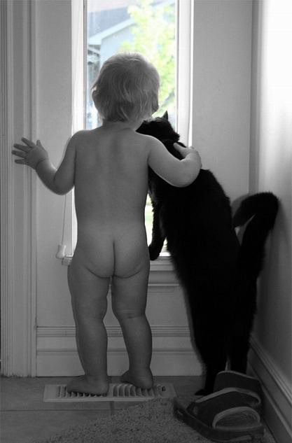 417x633, 33 Kb / кот,  ребенок, окно, ч/б