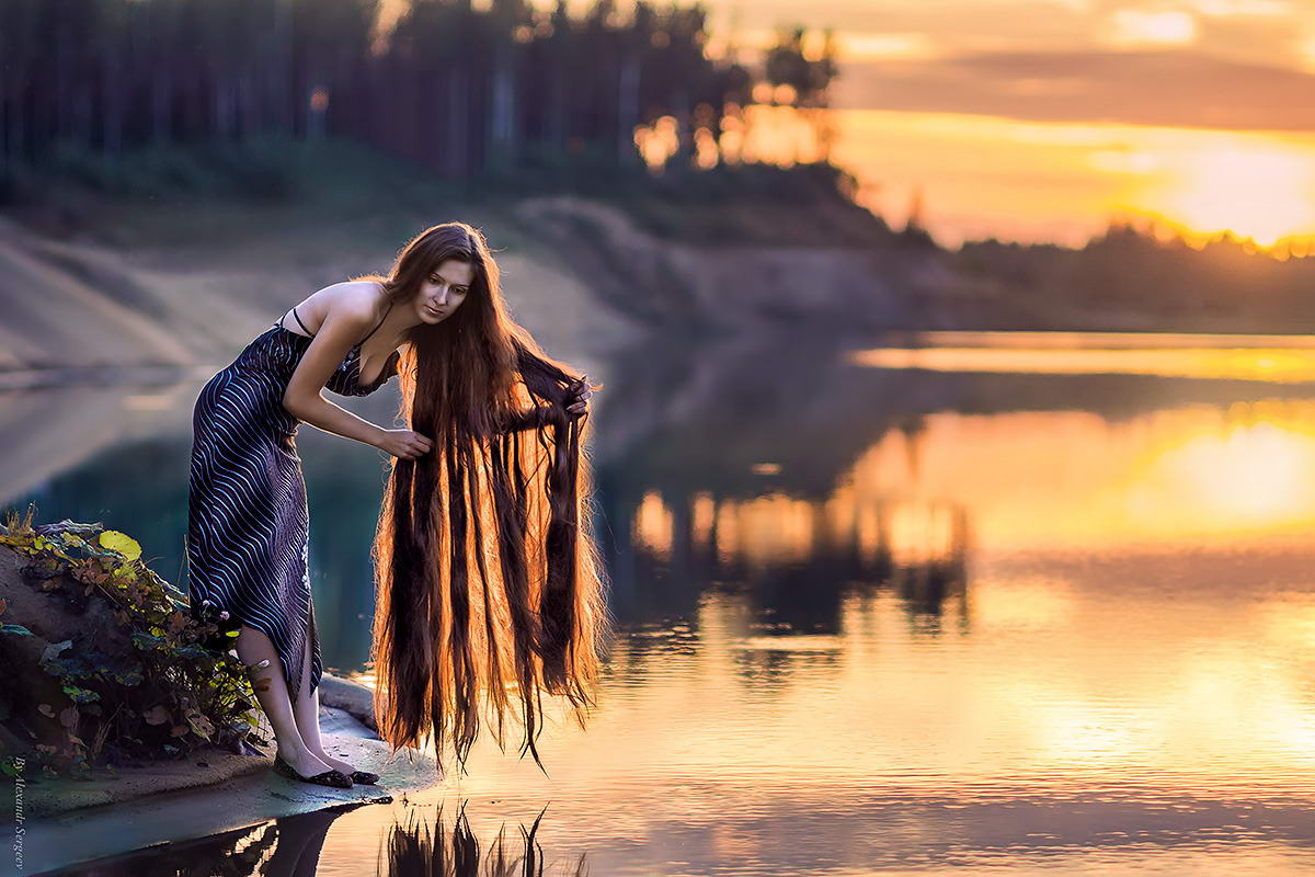 1200x800, 163 Kb / закат, девушка, волосы, озеро
