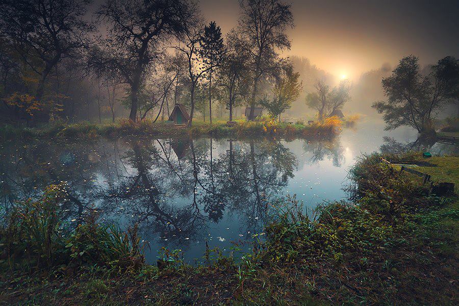 900x600, 142 Kb / рассвет, туман, пруд, отражение